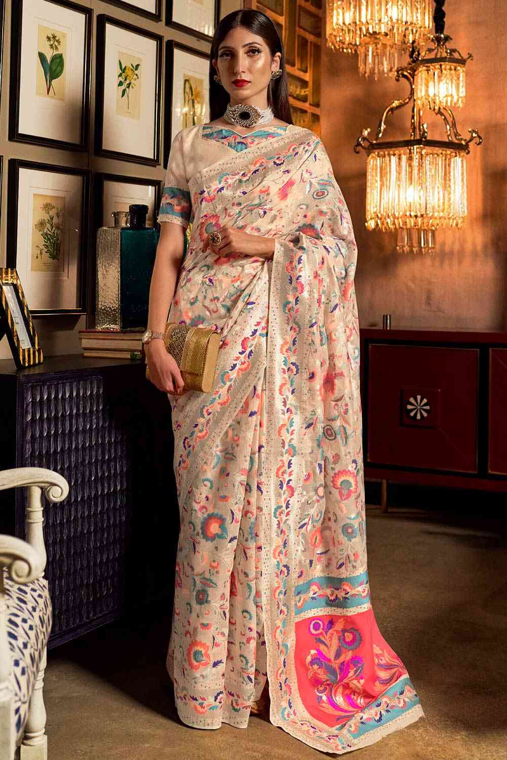 Cream Modal Floral Woven Design Banarasi Saree