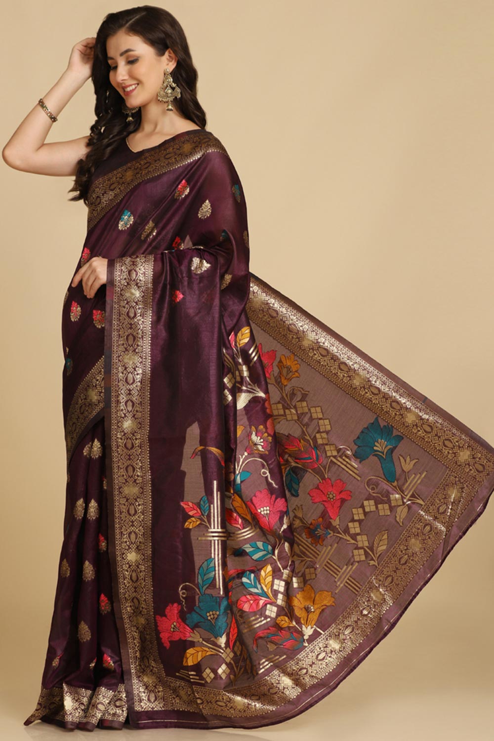 Buy Wine Resham Woven Art Silk Sarees Online - Back