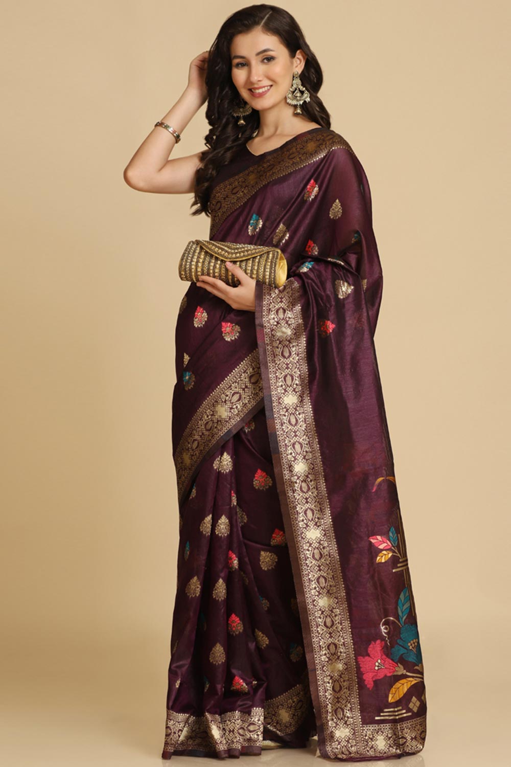 Buy Wine Resham Woven Art Silk Sarees Online - Side