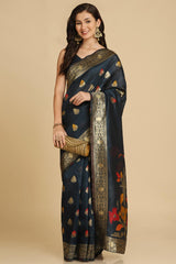 Buy Dark Teal Resham Woven Art Silk Sarees Online