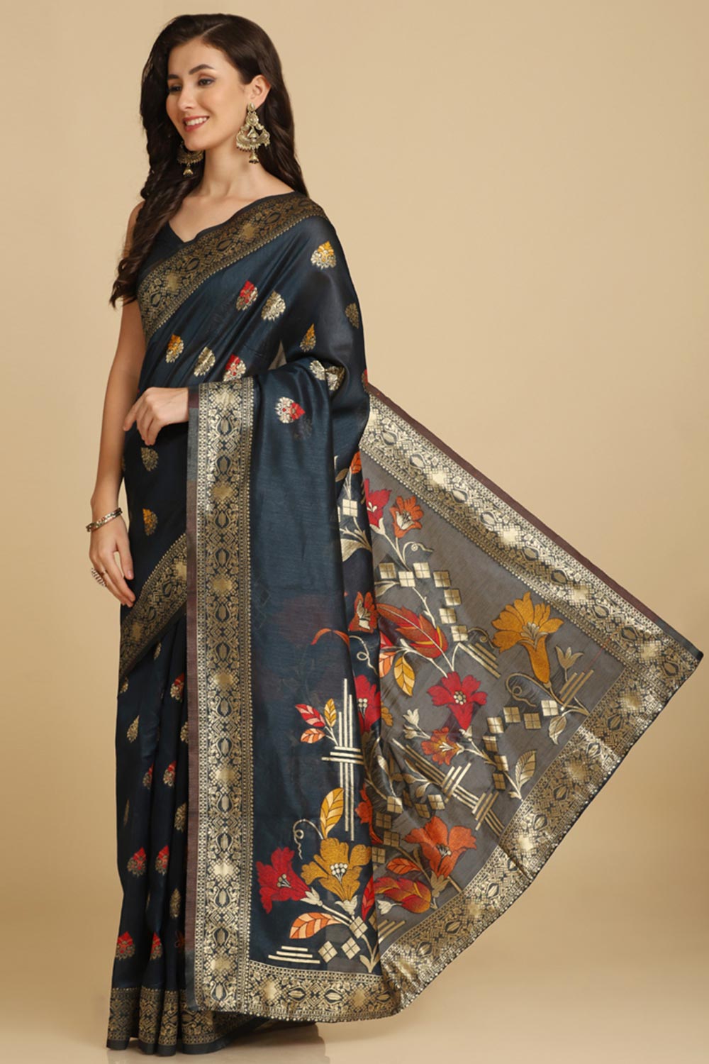 Buy Dark Teal Resham Woven Art Silk Sarees Online - Back