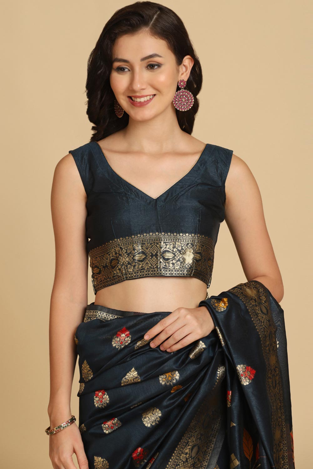 Buy Dark Teal Resham Woven Art Silk Sarees Online - Side