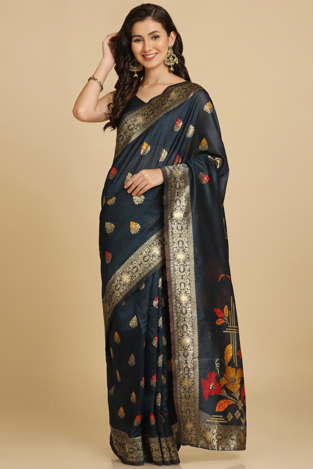 Buy Dark Teal Resham Woven Art Silk Sarees Online - Zoom In