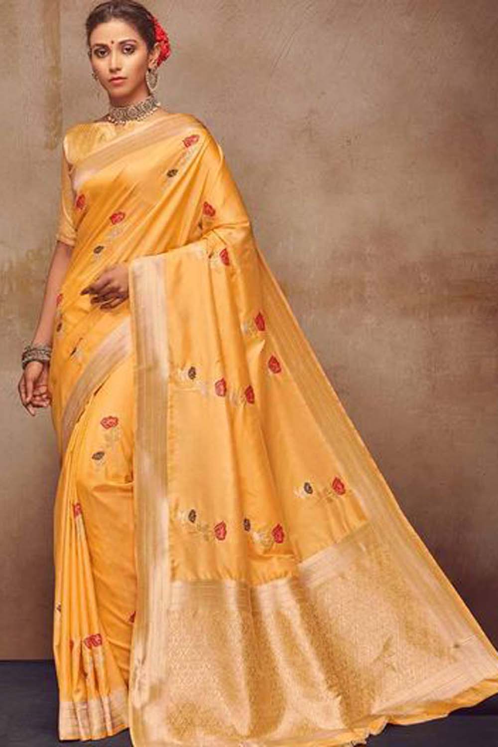 Art Silk Zari Saree in Yellow