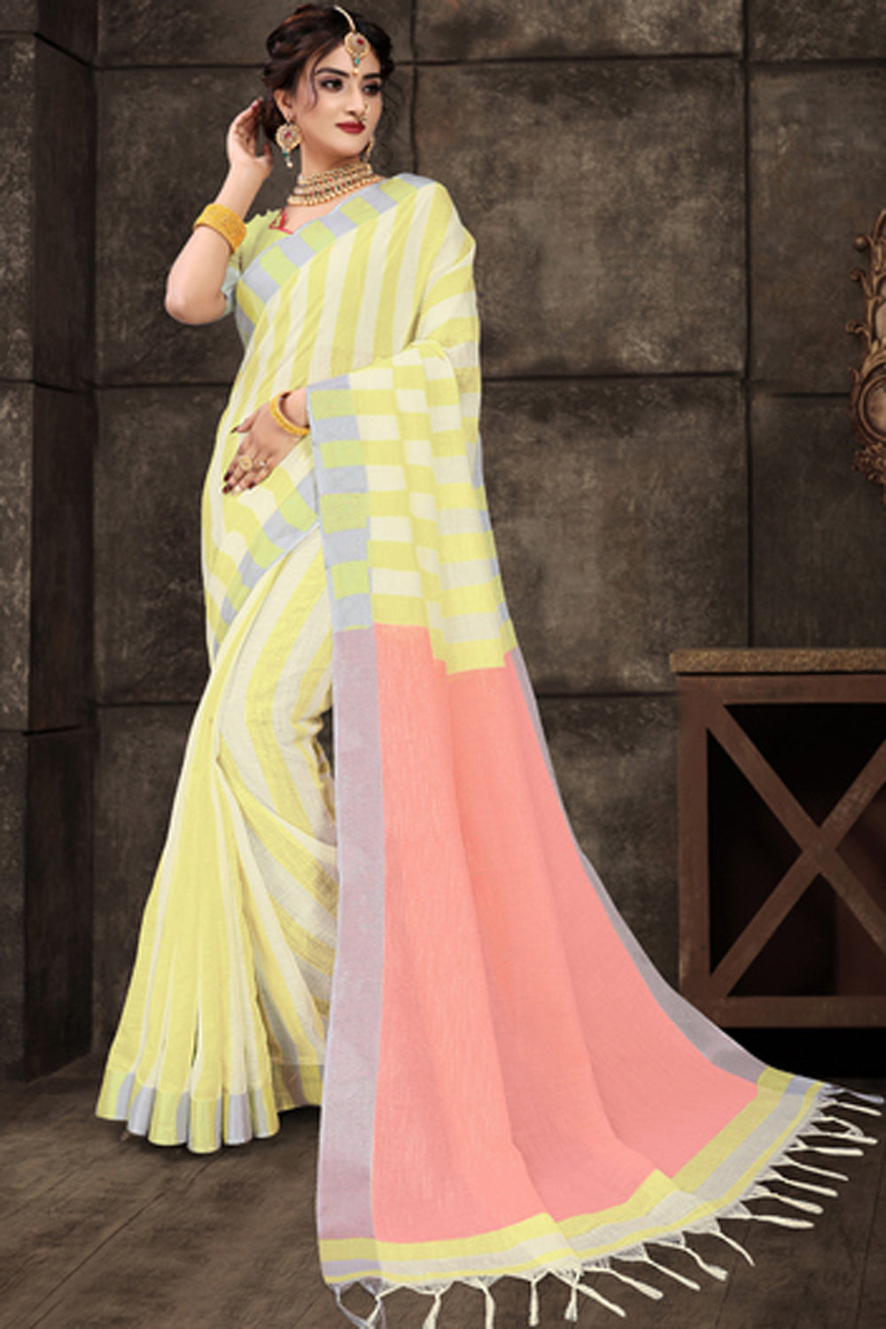 Cotton Art Silk Printed Saree In Yellow