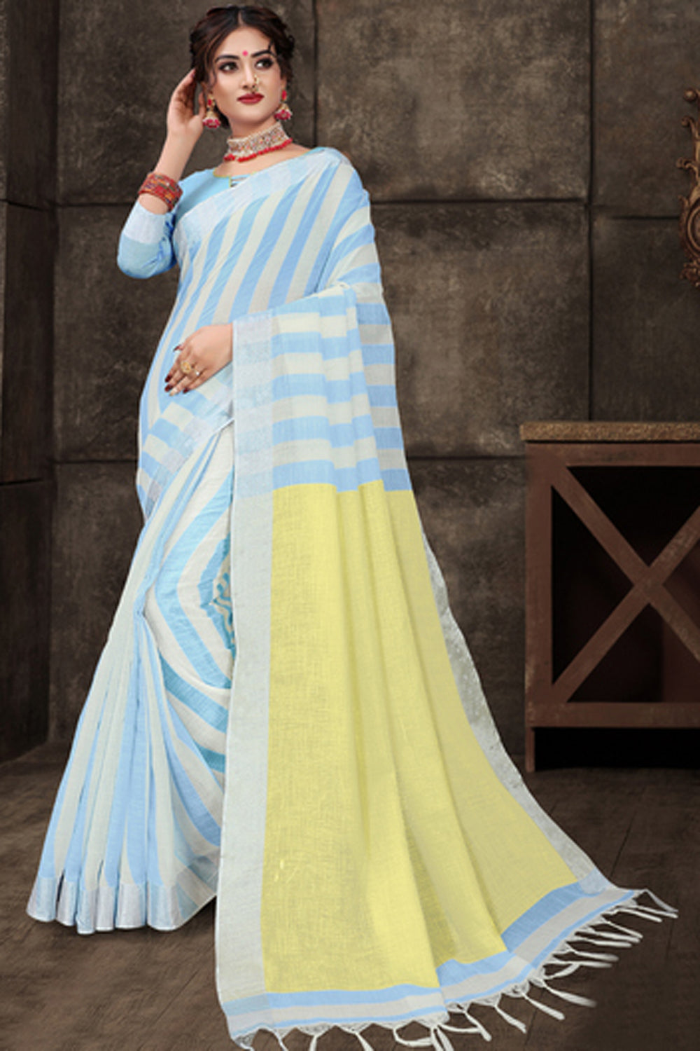 Cotton Art Silk Printed Saree In Sky Blue