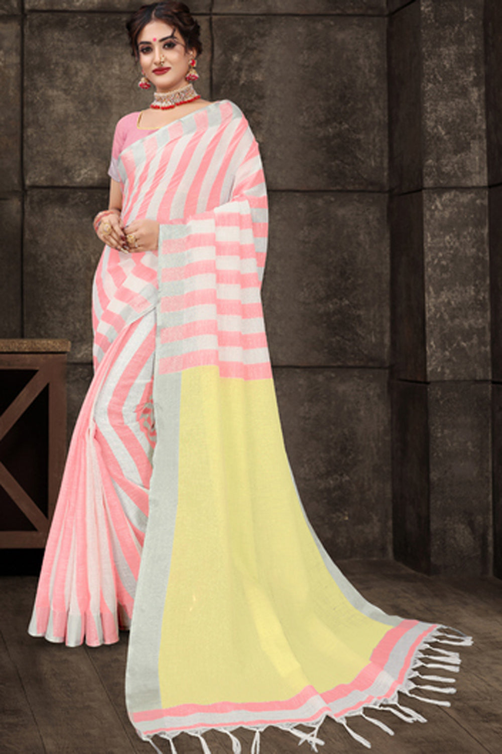 Cotton Art Silk Printed Saree In Light Pink