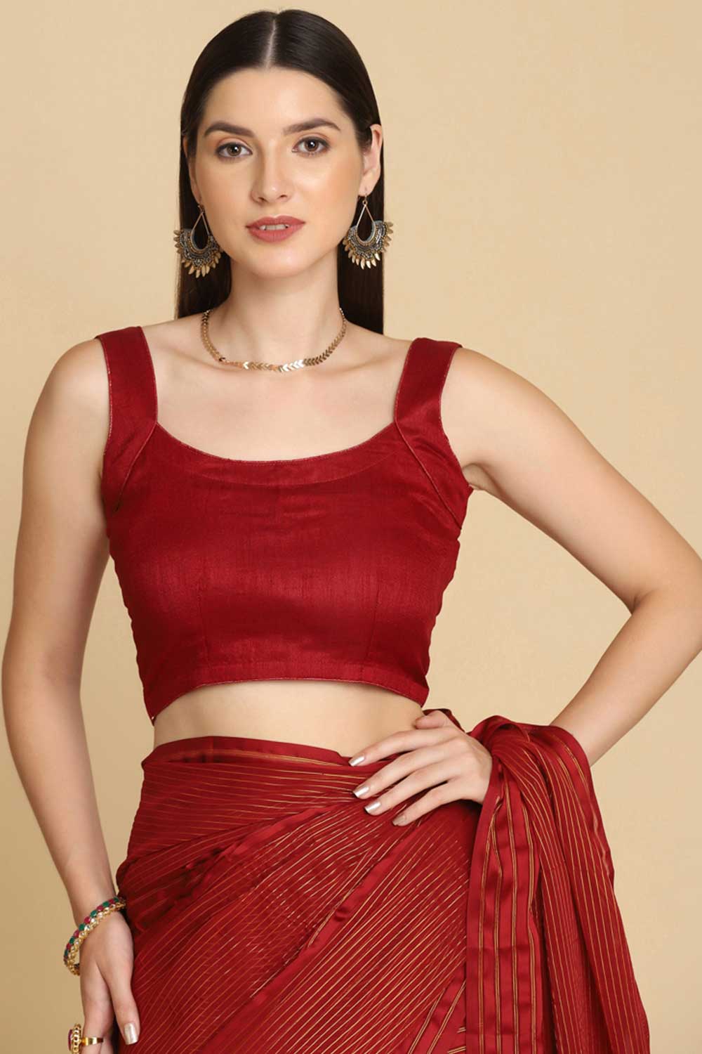 Buy Maroon Chiffon Swarovski Party Wear Saree Online - Side