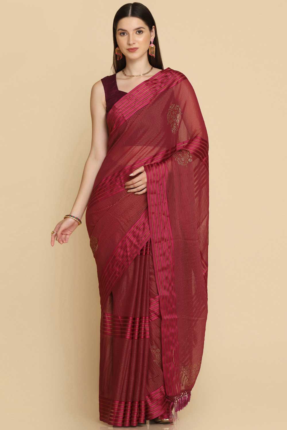 Buy Wine Chiffon Swarovski Party Wear Saree Online