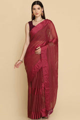 Buy Wine Chiffon Swarovski Party Wear Saree Online