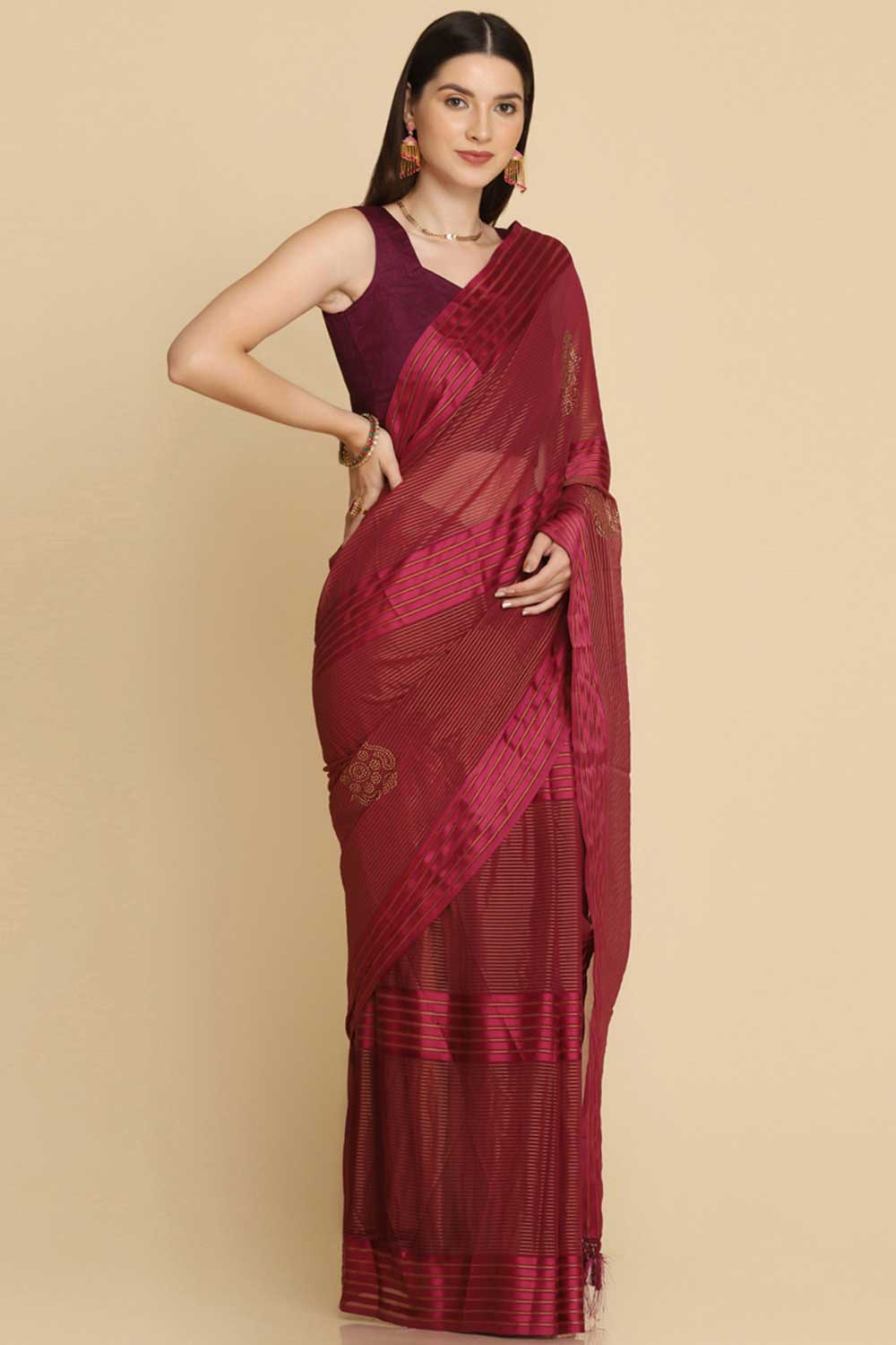 Buy Wine Chiffon Swarovski Party Wear Saree Online - Back