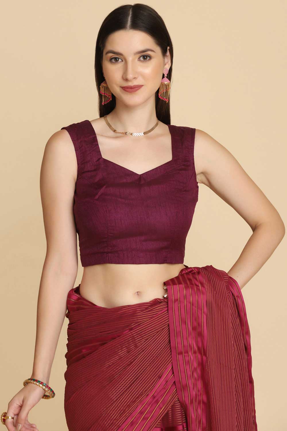 Buy Wine Chiffon Swarovski Party Wear Saree Online - Side