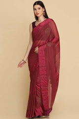 Buy Wine Chiffon Swarovski Party Wear Saree Online - Zoom In