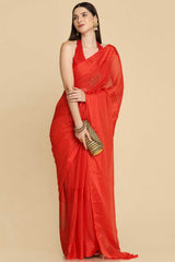 Buy Red Chiffon Swarovski Party Wear Saree Online - Back