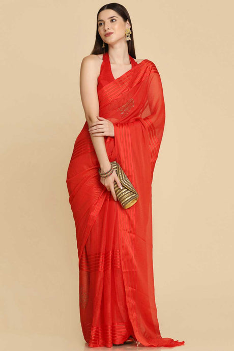 Buy Red Chiffon Swarovski Party Wear Saree Online - Back