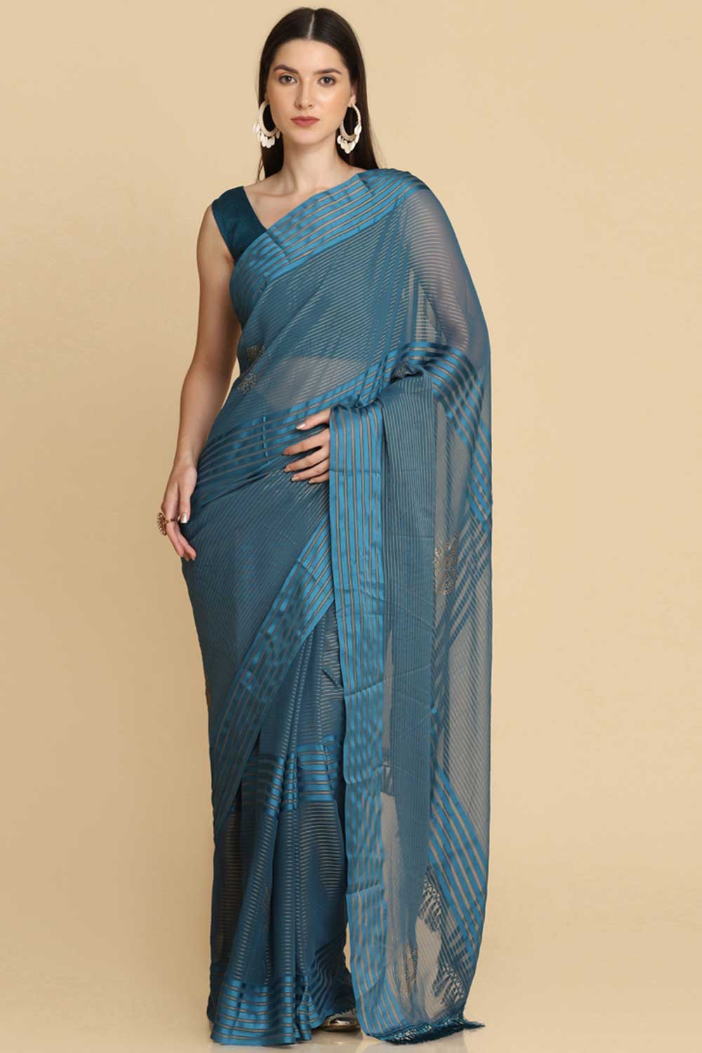 Buy Teal Chiffon Swarovski Party Wear Saree Online