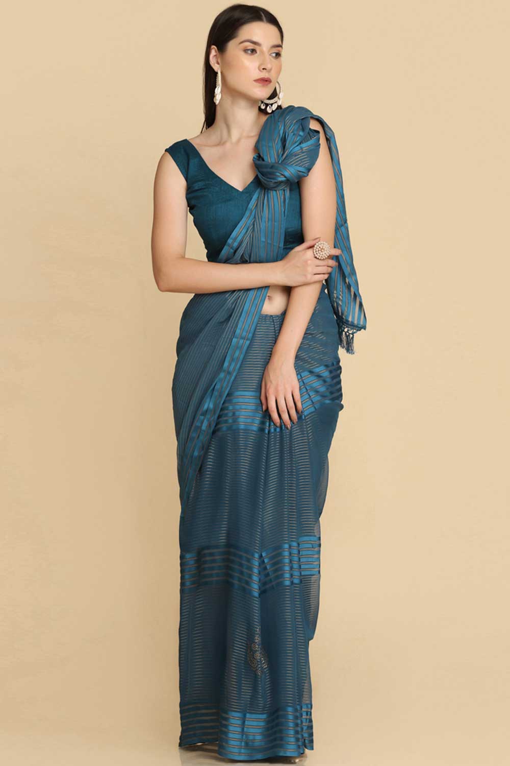 Buy Teal Chiffon Swarovski Party Wear Saree Online - Back