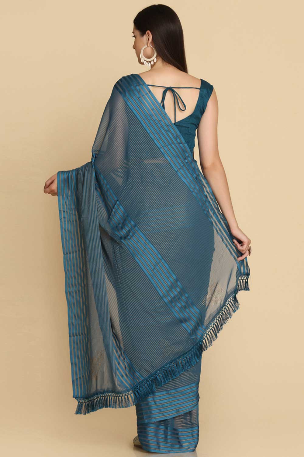 Buy Teal Chiffon Swarovski Party Wear Saree Online - Front