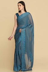 Buy Teal Chiffon Swarovski Party Wear Saree Online - Zoom In