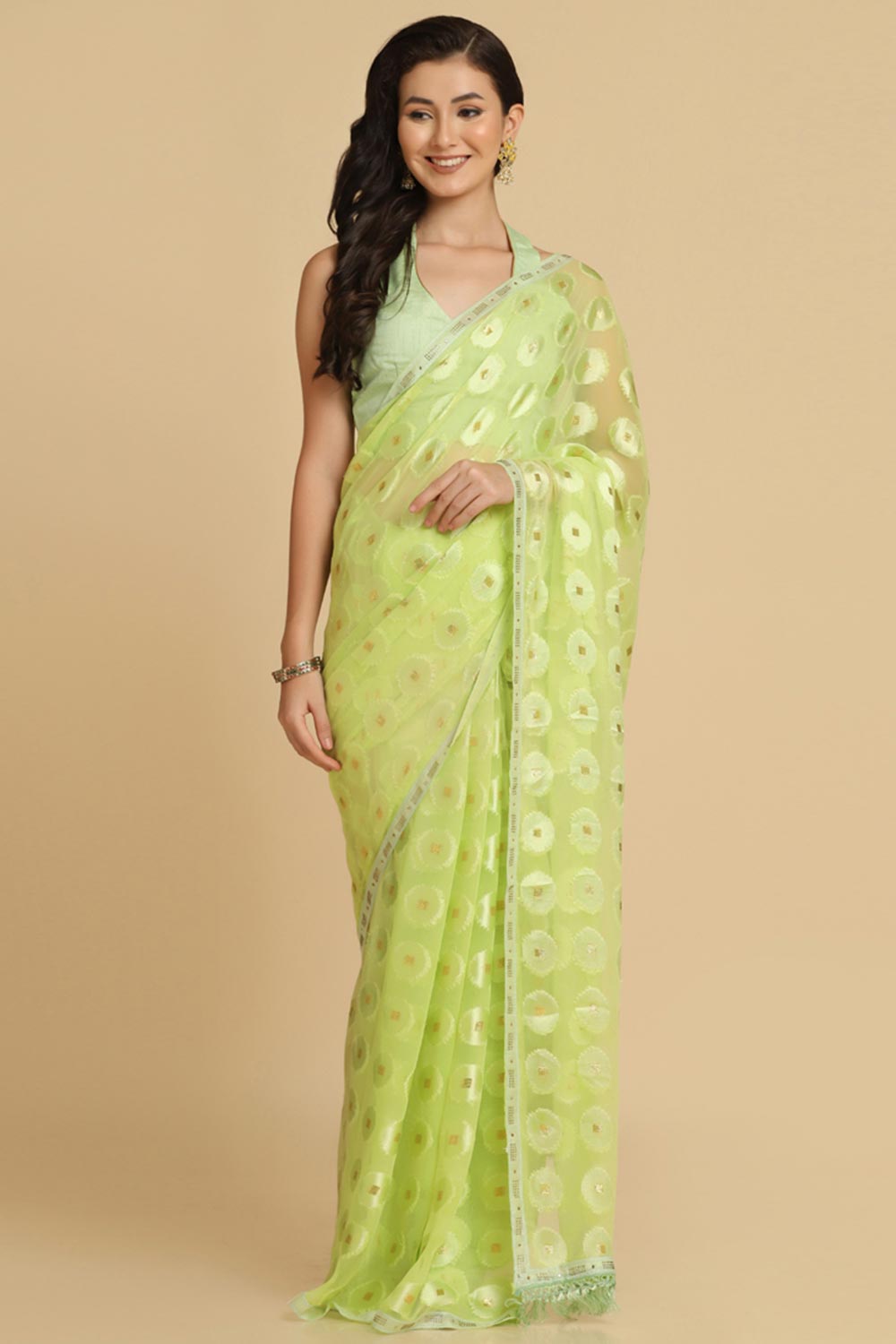 Buy Lime Thread Work Designer Chiffon Sarees Online