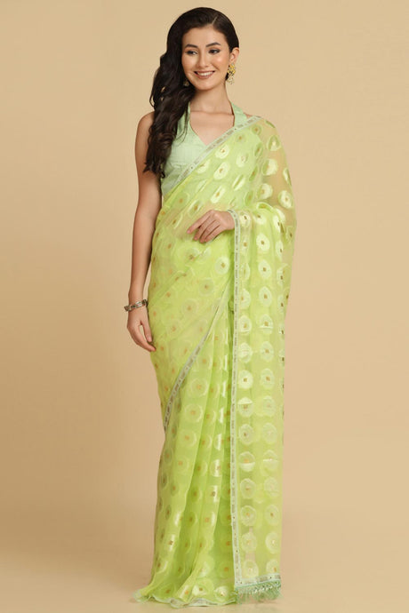 Buy Lime Thread Work Designer Chiffon Sarees Online