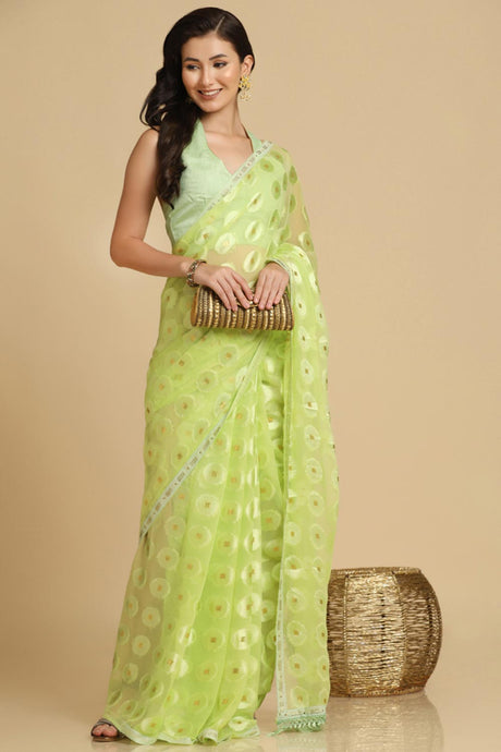 Buy Lime Thread Work Designer Chiffon Sarees Online - Back