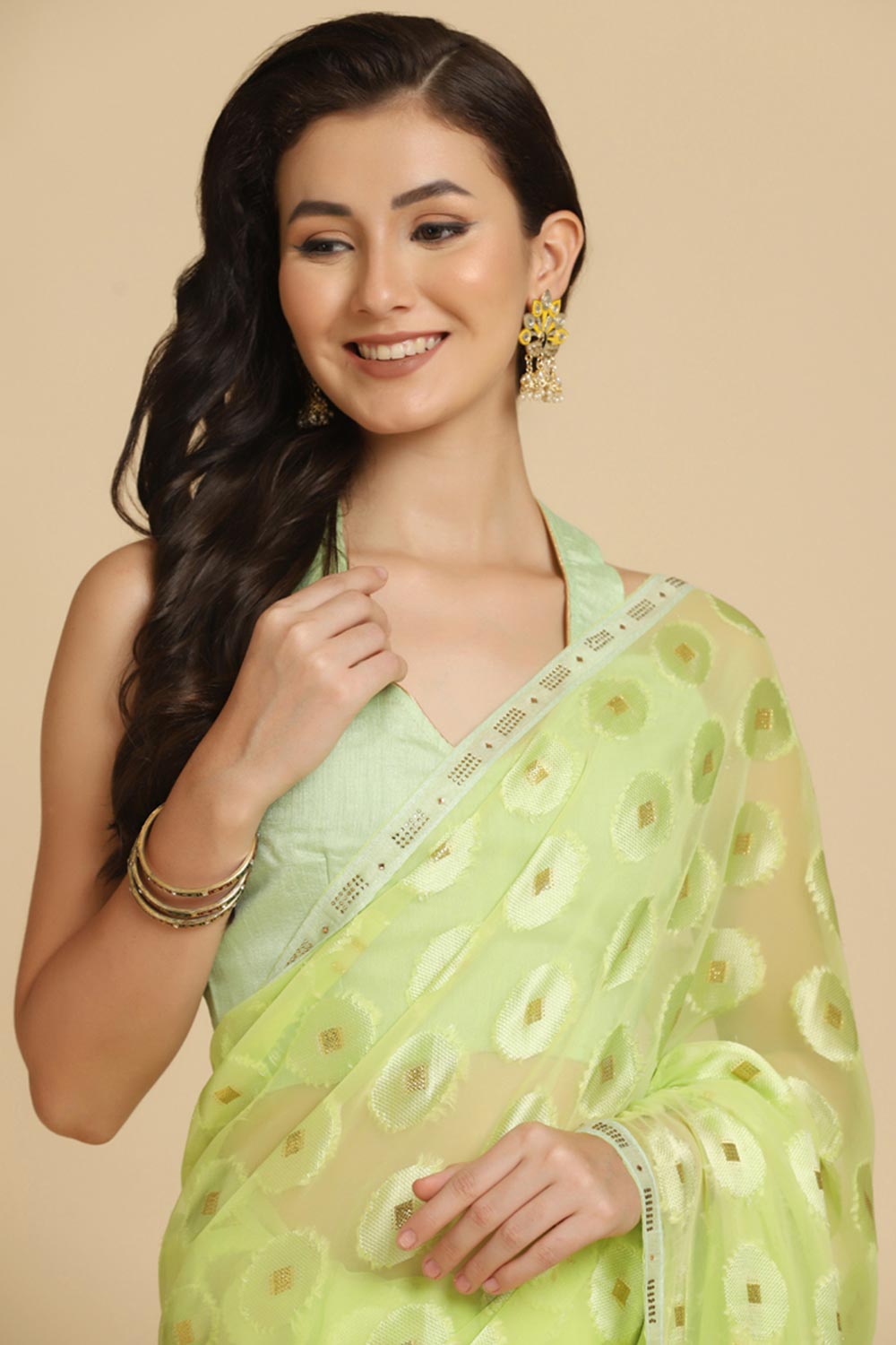 Buy Lime Thread Work Designer Chiffon Sarees Online - Front