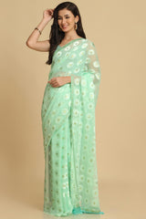 Buy Turquoise Thread Work Designer Chiffon Sarees Online