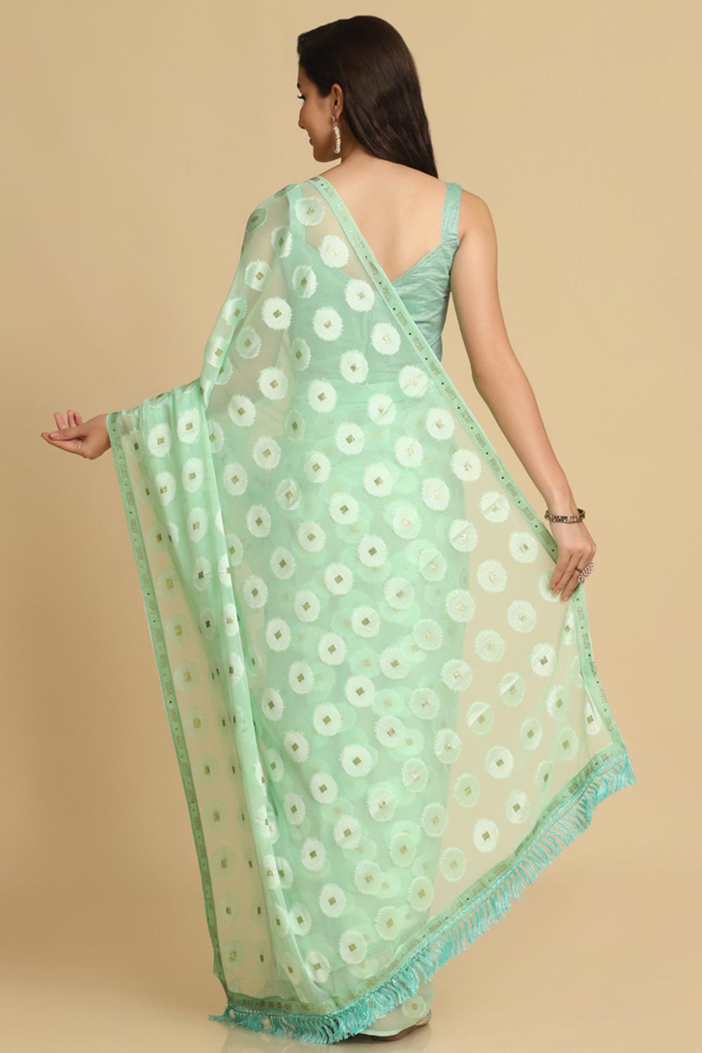 Buy Turquoise Thread Work Designer Chiffon Sarees Online - Side