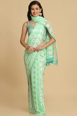 Buy Turquoise Thread Work Designer Chiffon Sarees Online - Zoom Out