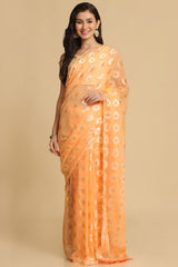 Buy Light Orange Thread Work Designer Chiffon Sarees Online