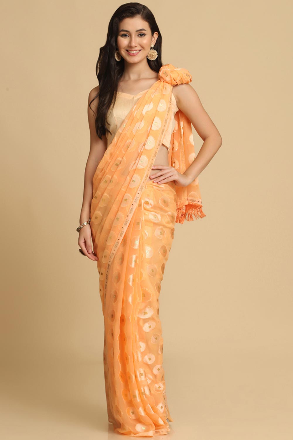 Buy Light Orange Thread Work Designer Chiffon Sarees Online - Front