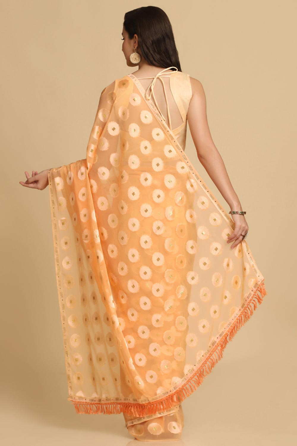 Buy Light Orange Thread Work Designer Chiffon Sarees Online - Side