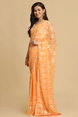 Buy Light Orange Thread Work Designer Chiffon Sarees Online - Zoom In