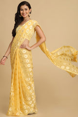 Buy Light Yellow Thread Work Designer Chiffon Sarees Online - Back