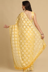 Buy Light Yellow Thread Work Designer Chiffon Sarees Online - Side