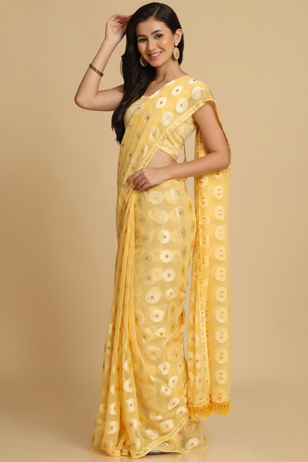 Buy Light Yellow Thread Work Designer Chiffon Sarees Online - Zoom In