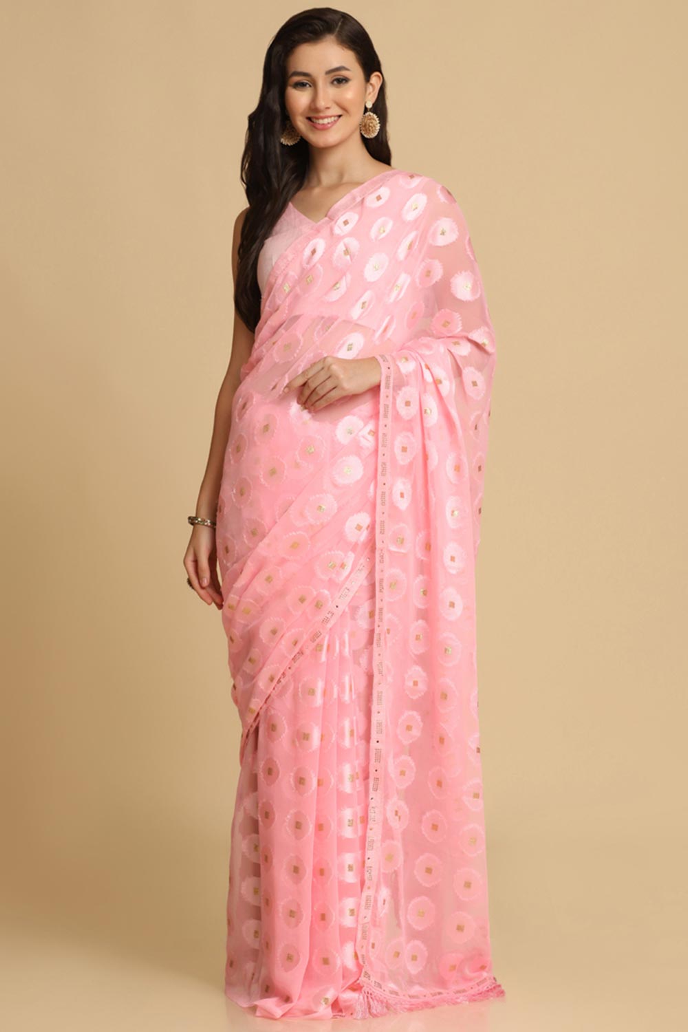 Buy Light Pink Thread Work Designer Chiffon Sarees Online