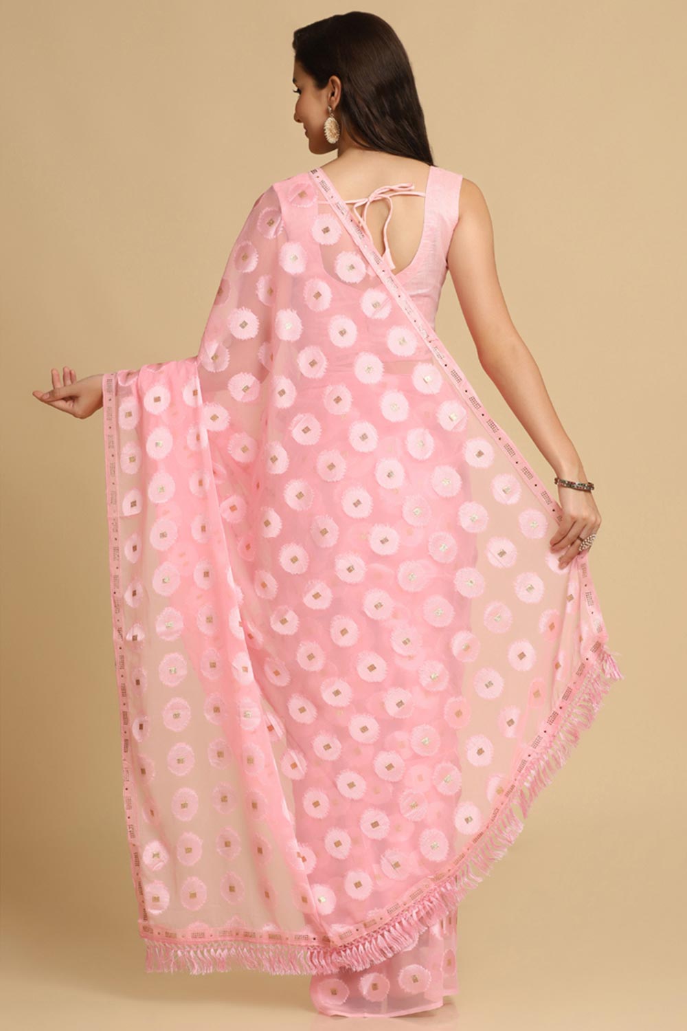 Buy Light Pink Thread Work Designer Chiffon Sarees Online - Side