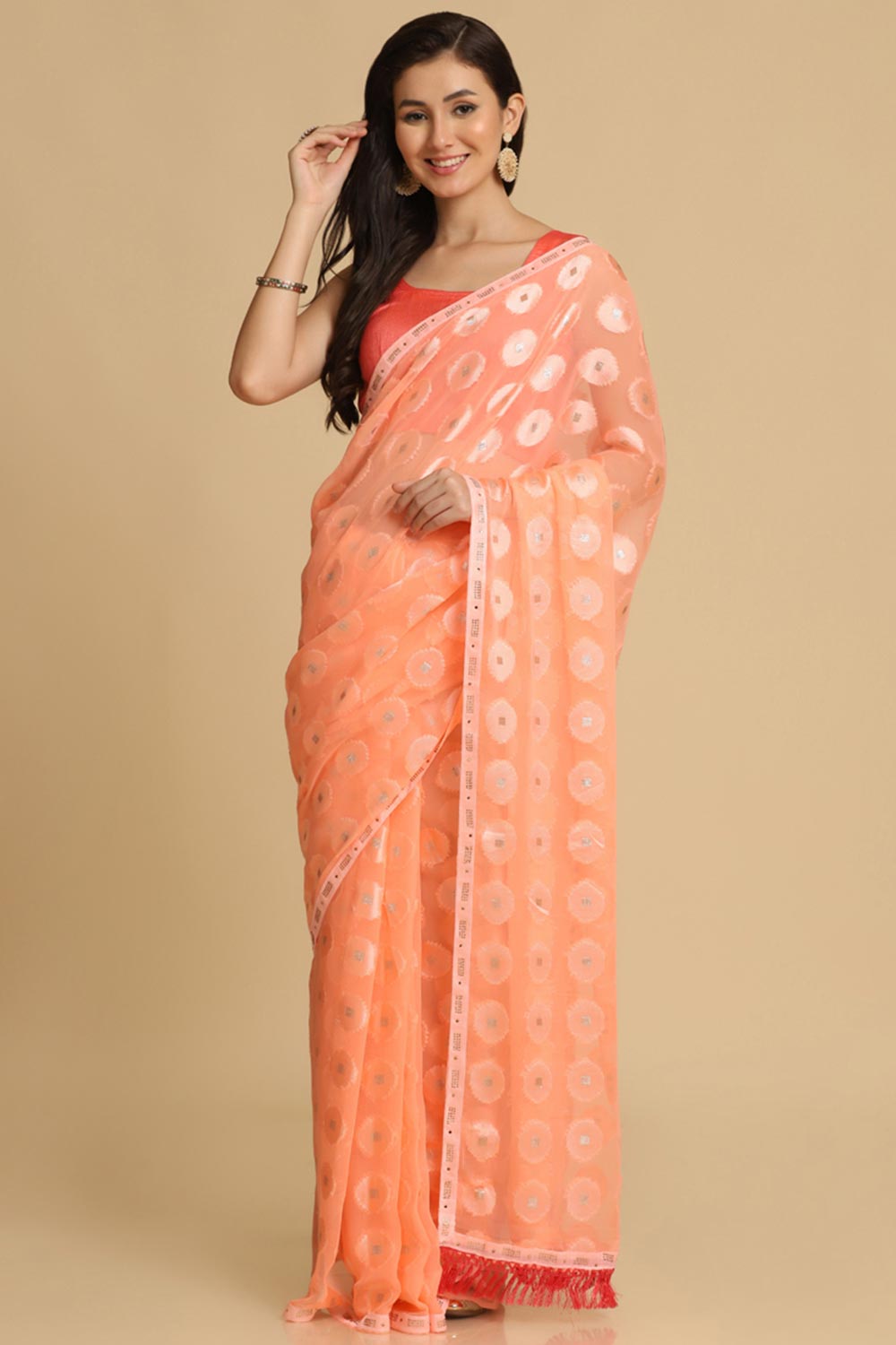 Buy Light Peach Thread Work Designer Chiffon Sarees Online