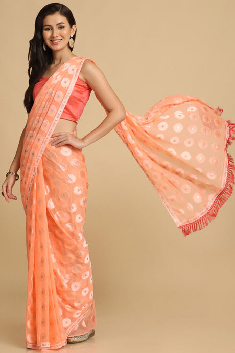 Buy Light Peach Thread Work Designer Chiffon Sarees Online - Back