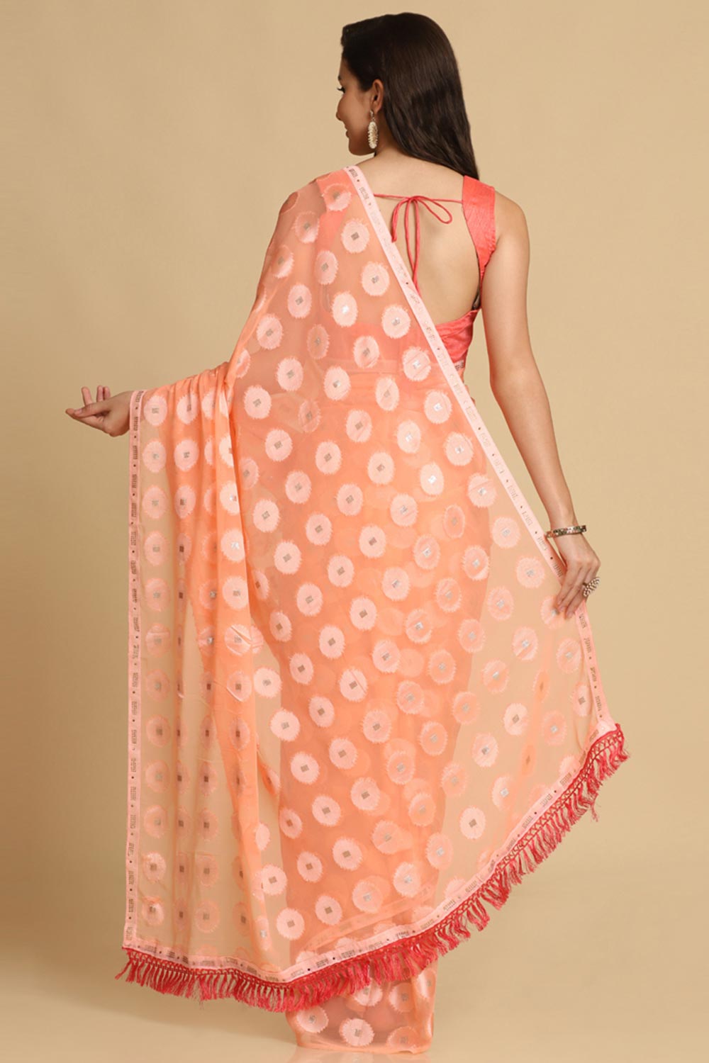 Buy Light Peach Thread Work Designer Chiffon Sarees Online - Side