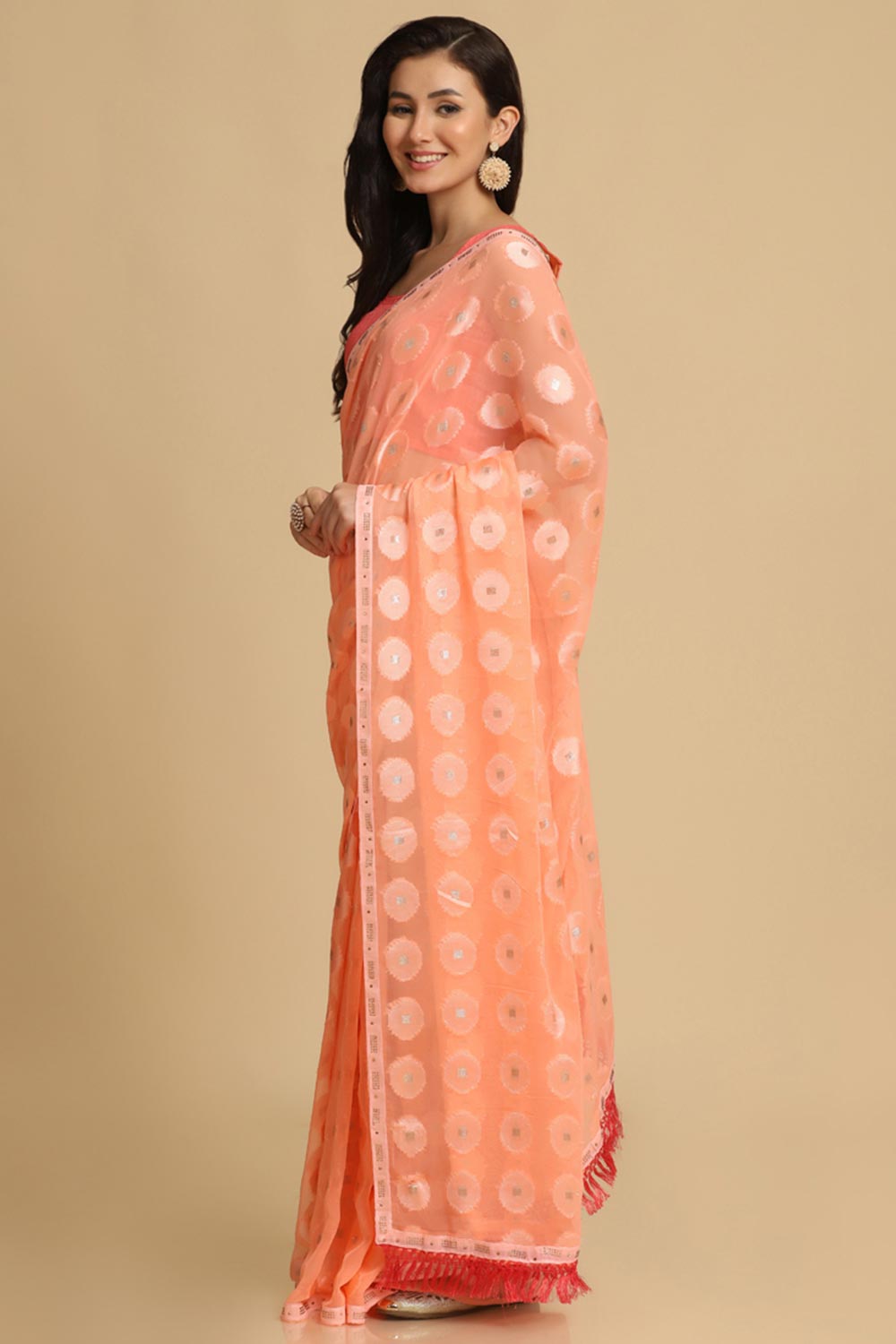 Buy Light Peach Thread Work Designer Chiffon Sarees Online - Zoom In