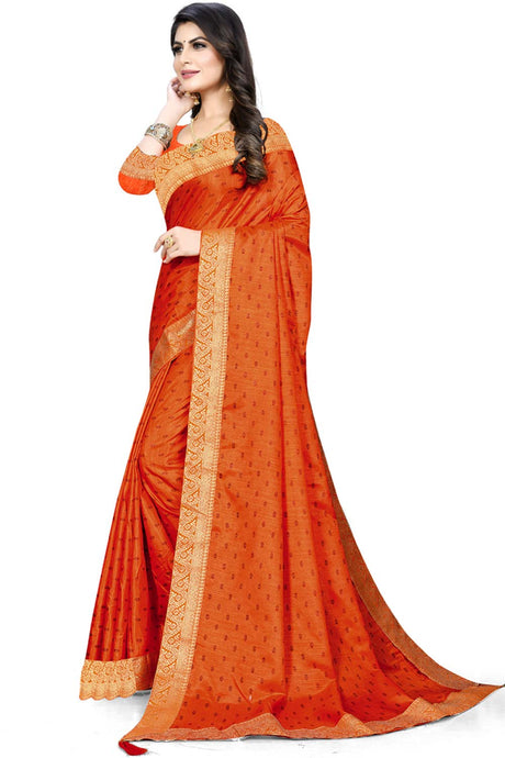 Buy Art Silk Woven Saree in Orange Online - Back