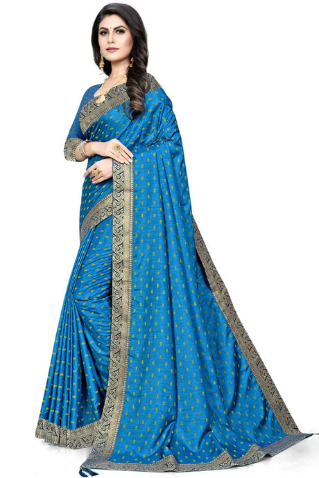 Buy Art Silk Woven Saree in Sky Blue Online - Back