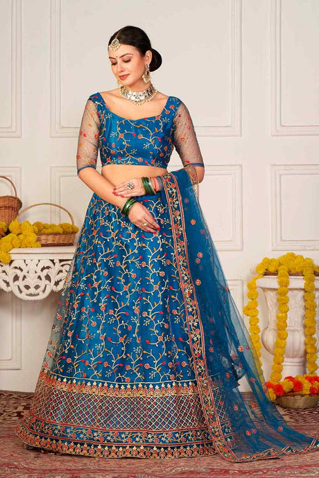 Blue Net Embroidered Work Lehenga Choli