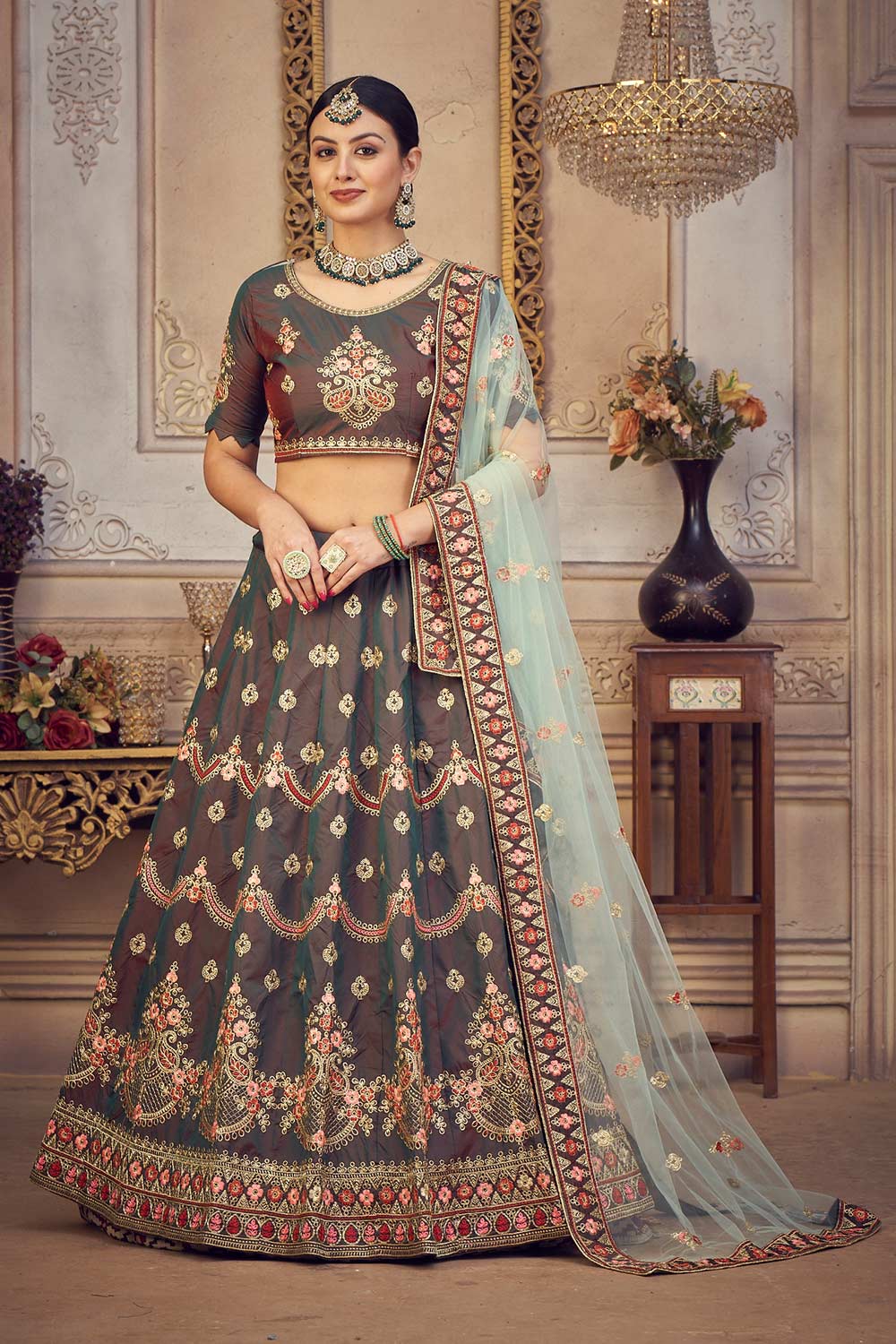 Grey Taffeta Silk Embroidered Work Lehenga Choli