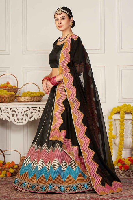 Black Taffeta Silk Embroidered Work Lehenga Choli