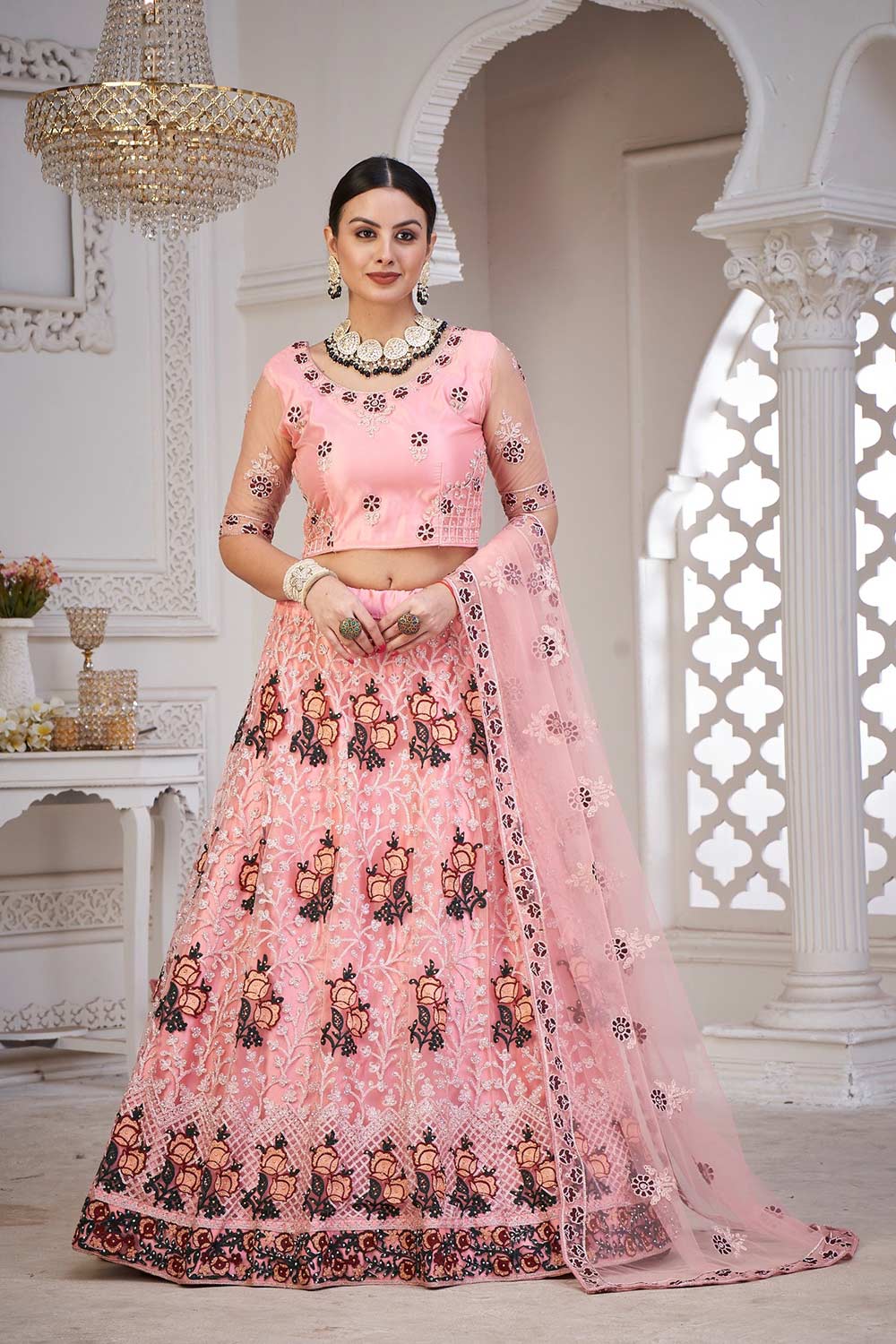 Pink Net Embroidered Lehenga Choli