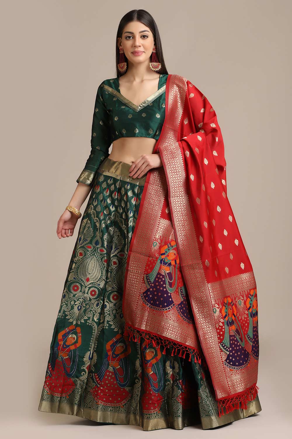 Green Jacquard Zari Work Lehenga Choli